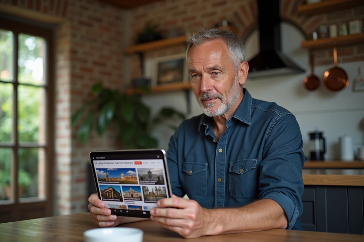 Homme lisant les actualités nationales et internationales sur une tablette dans une cuisine moderne le matin