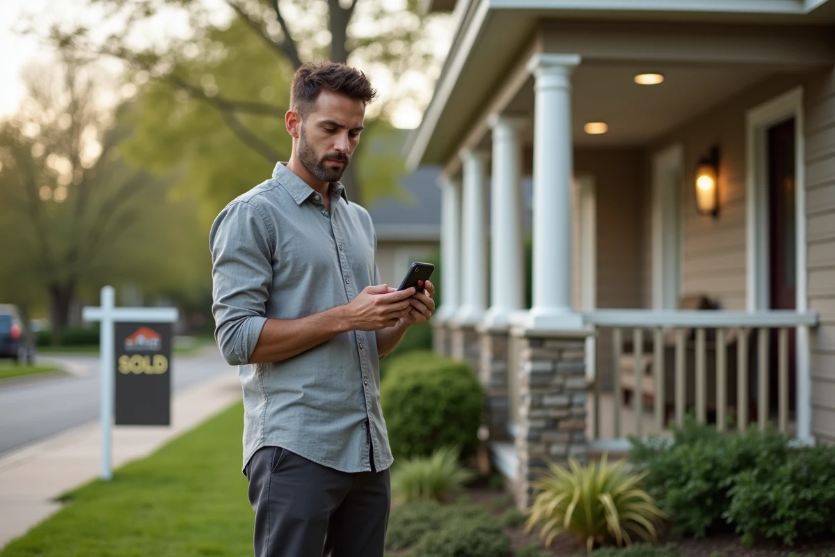 Homme consultant une application immobilière sur smartphone devant une maison résidentielle à vendre