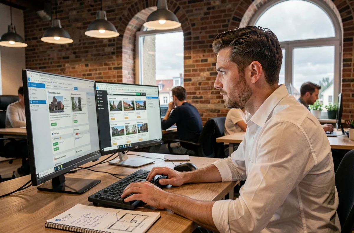 Jeune homme comparant des annonces immobilières sur double écran dans un espace de coworking à Gand