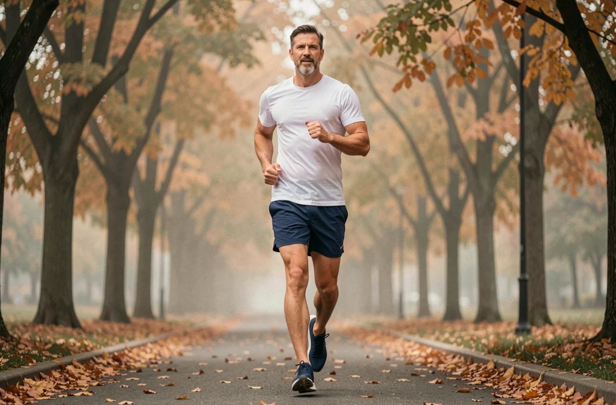 Homme d'âge moyen faisant du jogging dans un parc urbain en automne, représentant les bienfaits du fitness en plein air et la progression physique