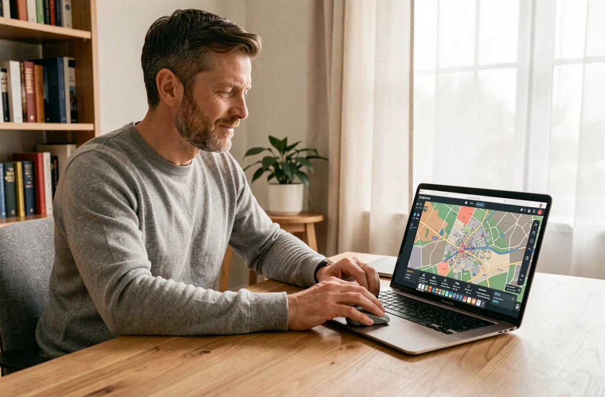 Homme naviguant sur une carte interactive depuis son bureau à domicile avec un ordinateur portable