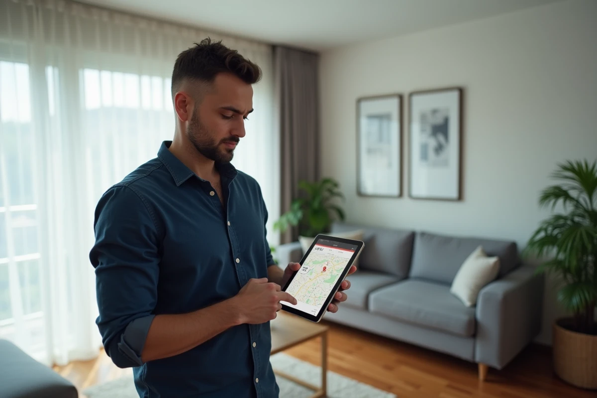 Homme consultant un outil d'estimation immobilière en ligne sur une tablette dans un salon contemporain