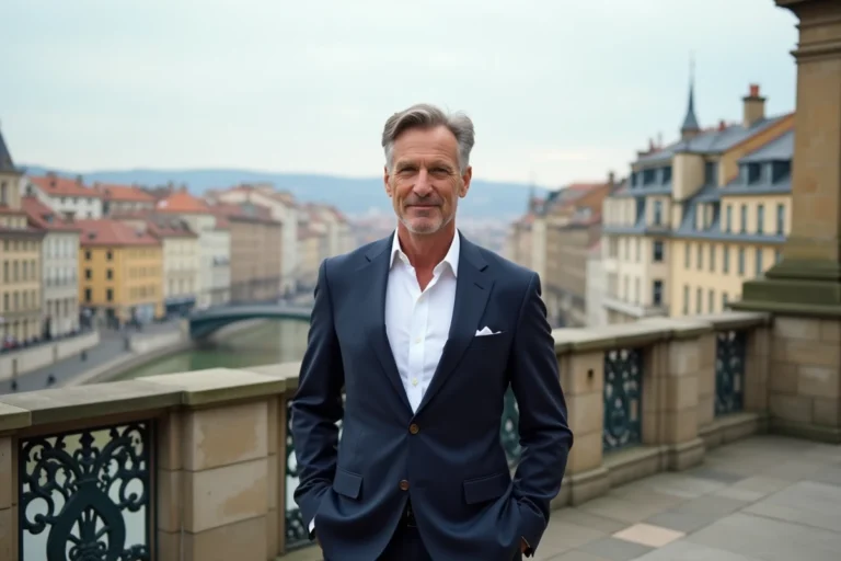 Investisseur immobilier regardant le panorama de Lyon depuis une terrasse avec vue sur les toits du centre-ville