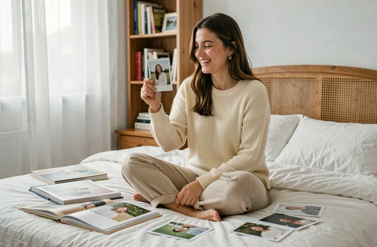 Jeune femme feuilletant des albums photos et des Polaroïds dans une chambre cosy et lumineuse