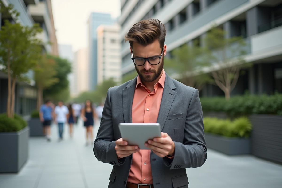 Jeune homme en blazer gris consulte des annonces immobilières en ville