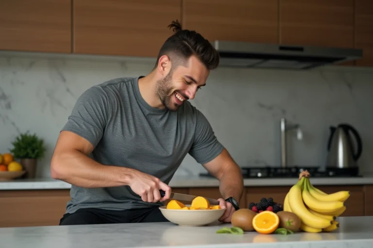 Jeune homme sportif coupant un mango dans la cuisine moderne