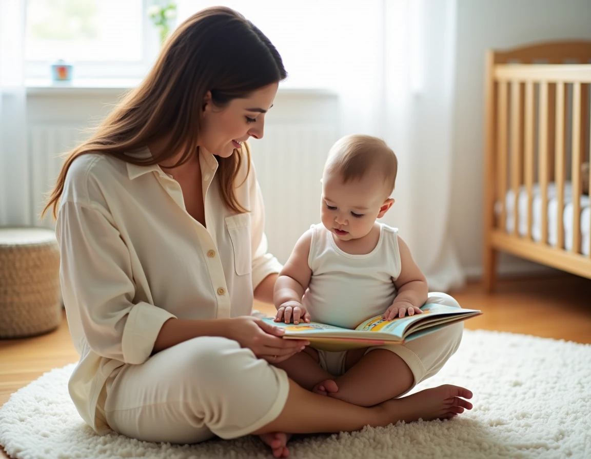 Maman lisant un livre illustré à son bébé de 8 mois assis en face d'elle sur un tapis, favorisant l'éveil et le langage