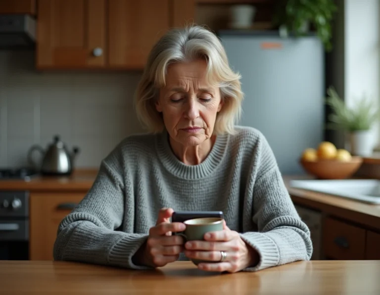 Mère d'une cinquantaine d'années seule à la table de sa cuisine, regardant son téléphone avec une expression triste et pensive, illustrant la douleur d'une rupture de contact avec son fils adulte