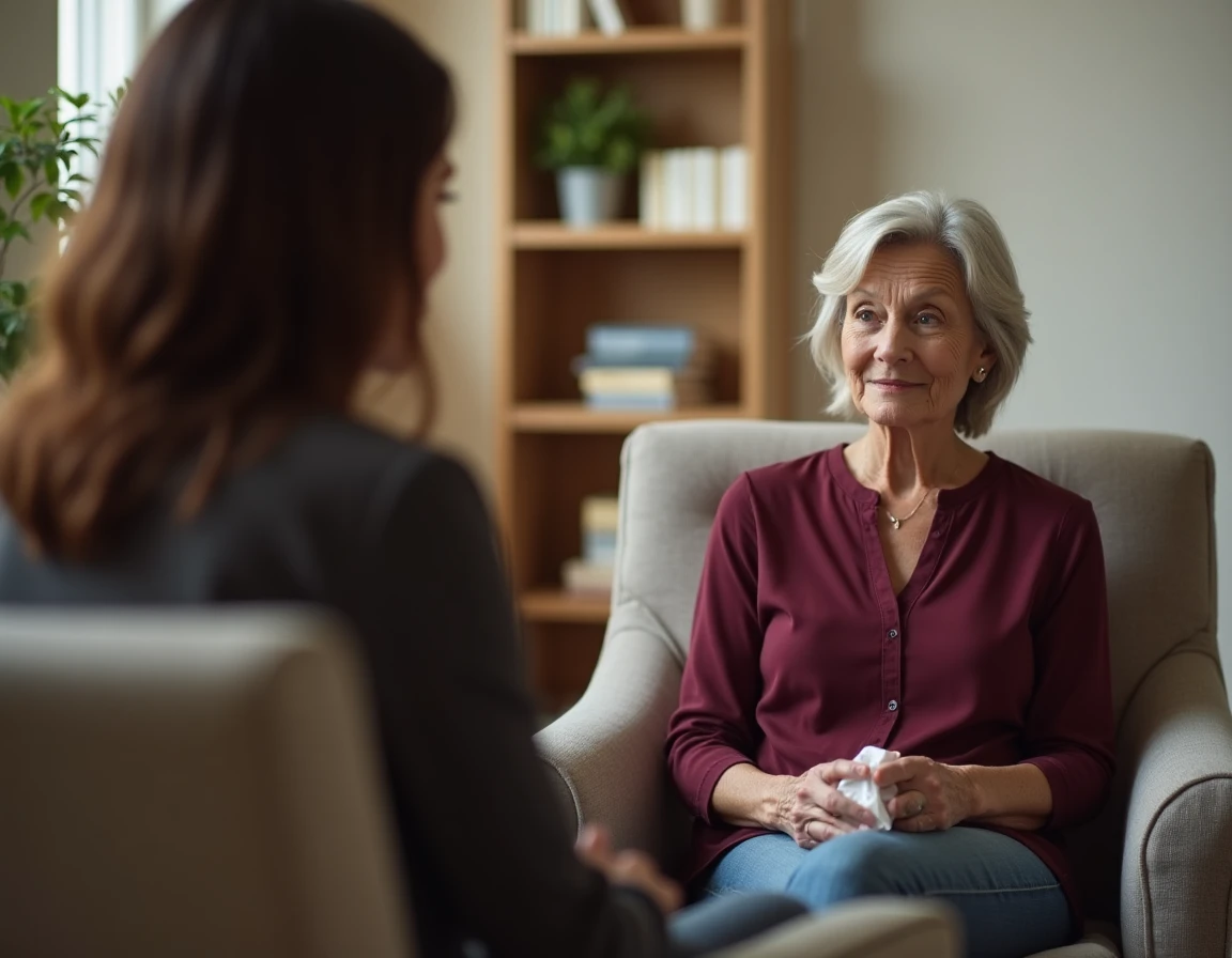 Mère d'une soixantaine d'années en séance de thérapie avec une psychologue, exprimant sa douleur face à la rupture de contact de son fils adulte, illustrant la recherche d'aide professionnelle