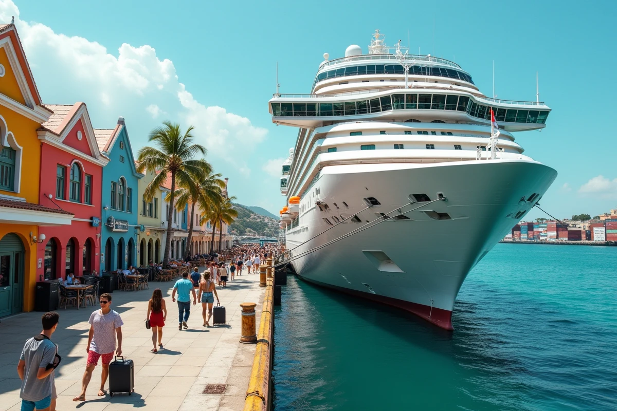 Paquebot de croisière amarré dans un port animé avec des passagers débarquant pour explorer la destination