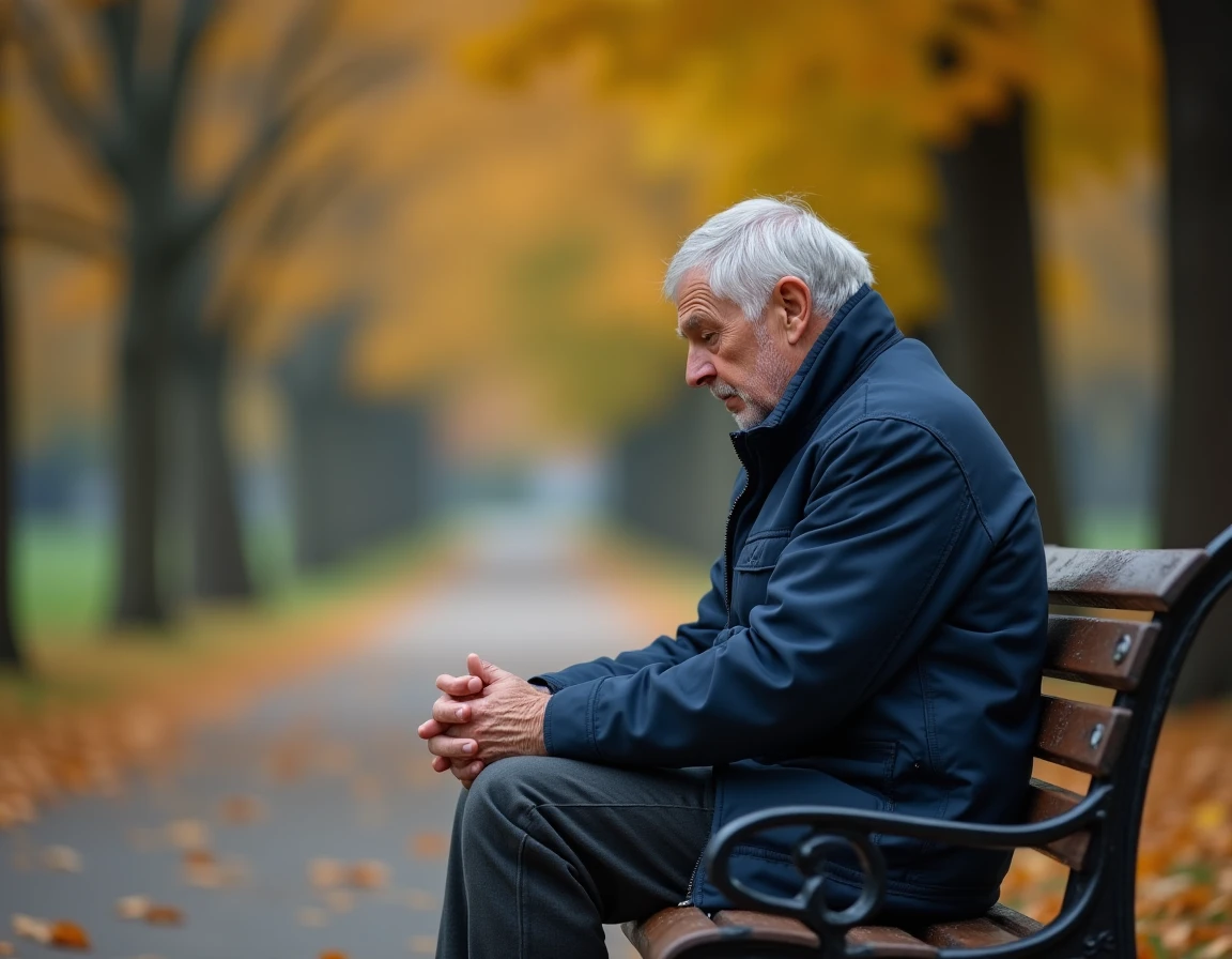 Père retraité assis seul sur un banc dans un parc en automne, les mains jointes et le regard baissé, exprimant la solitude et la réflexion après l'estrangement de son fils adulte