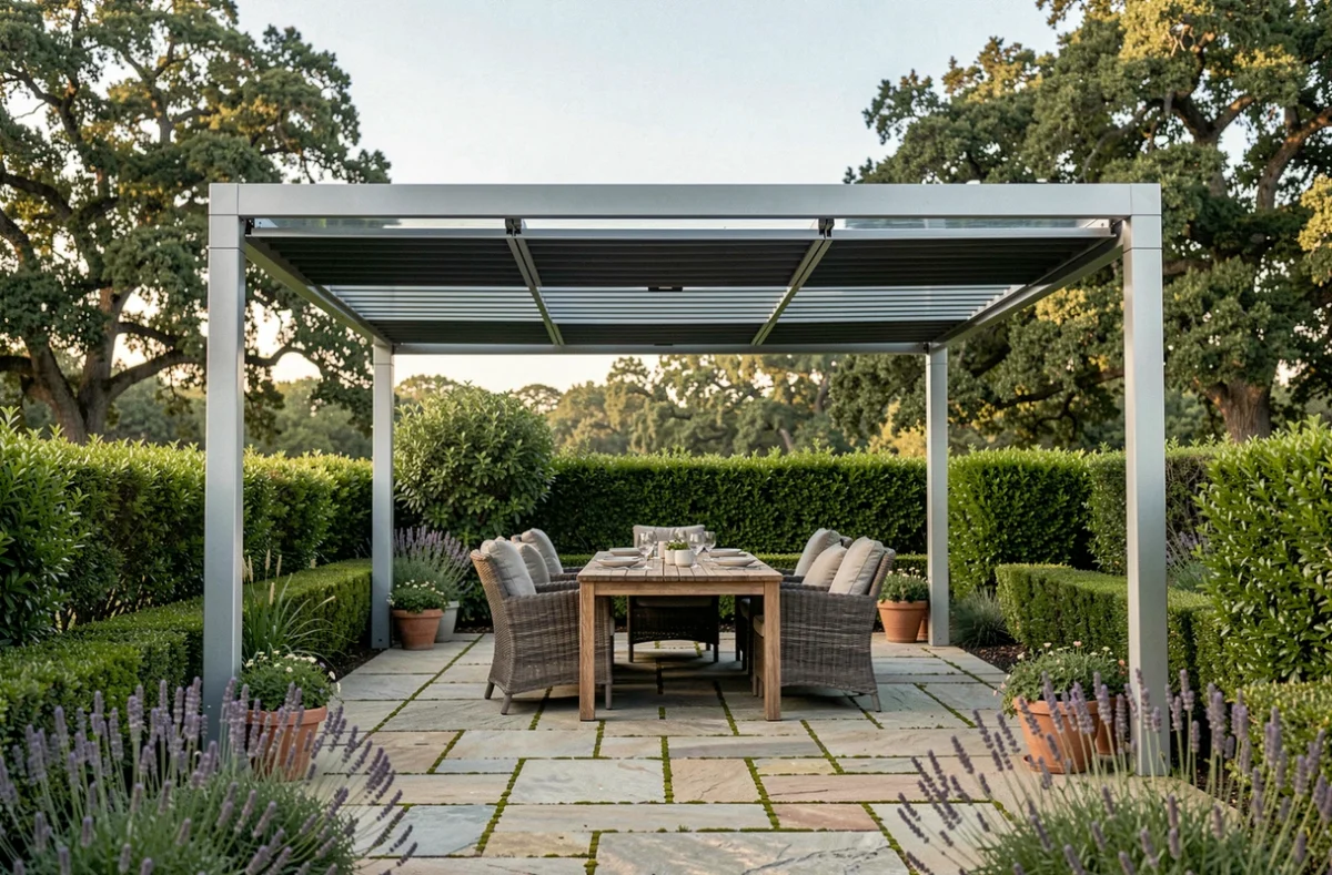 Pergola bioclimatique moderne avec lames orientables en aluminium au-dessus d'une terrasse en pierre naturelle dans un jardin verdoyant