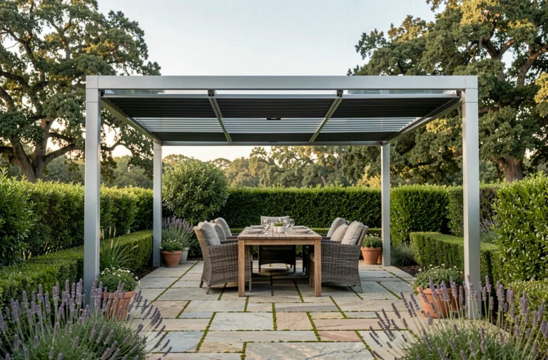 Pergola bioclimatique moderne avec lames orientables en aluminium au-dessus d'une terrasse en pierre naturelle dans un jardin verdoyant