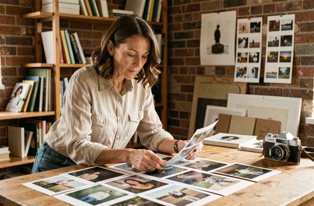 Femme photographe créative examinant des tirages photos dans un studio artistique chaleureux
