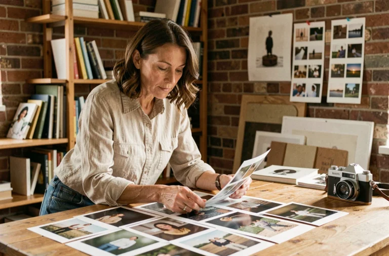Femme photographe créative examinant des tirages photos dans un studio artistique chaleureux