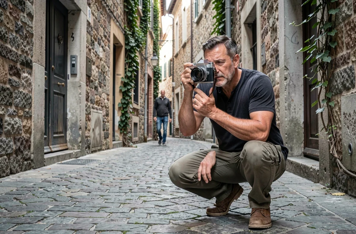 Photographe homme en train de cadrer une scène urbaine dans une ruelle pavée en Europe