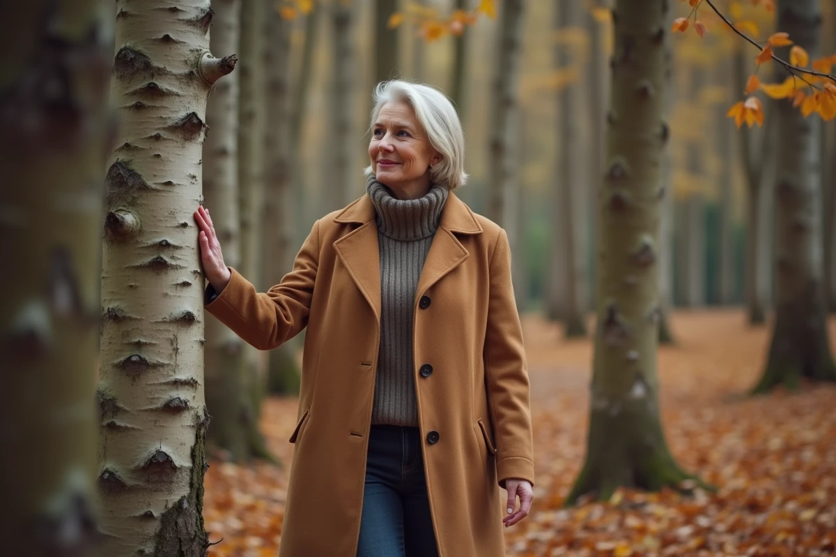 Femme se promenant dans une forêt en automne touchant l'écorce d'un bouleau pour se ressourcer et améliorer son bien-être