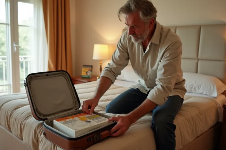 Homme rangeant des cartouches de cigarettes dans une valise dans une chambre d'hôtel en Espagne avant un retour en France