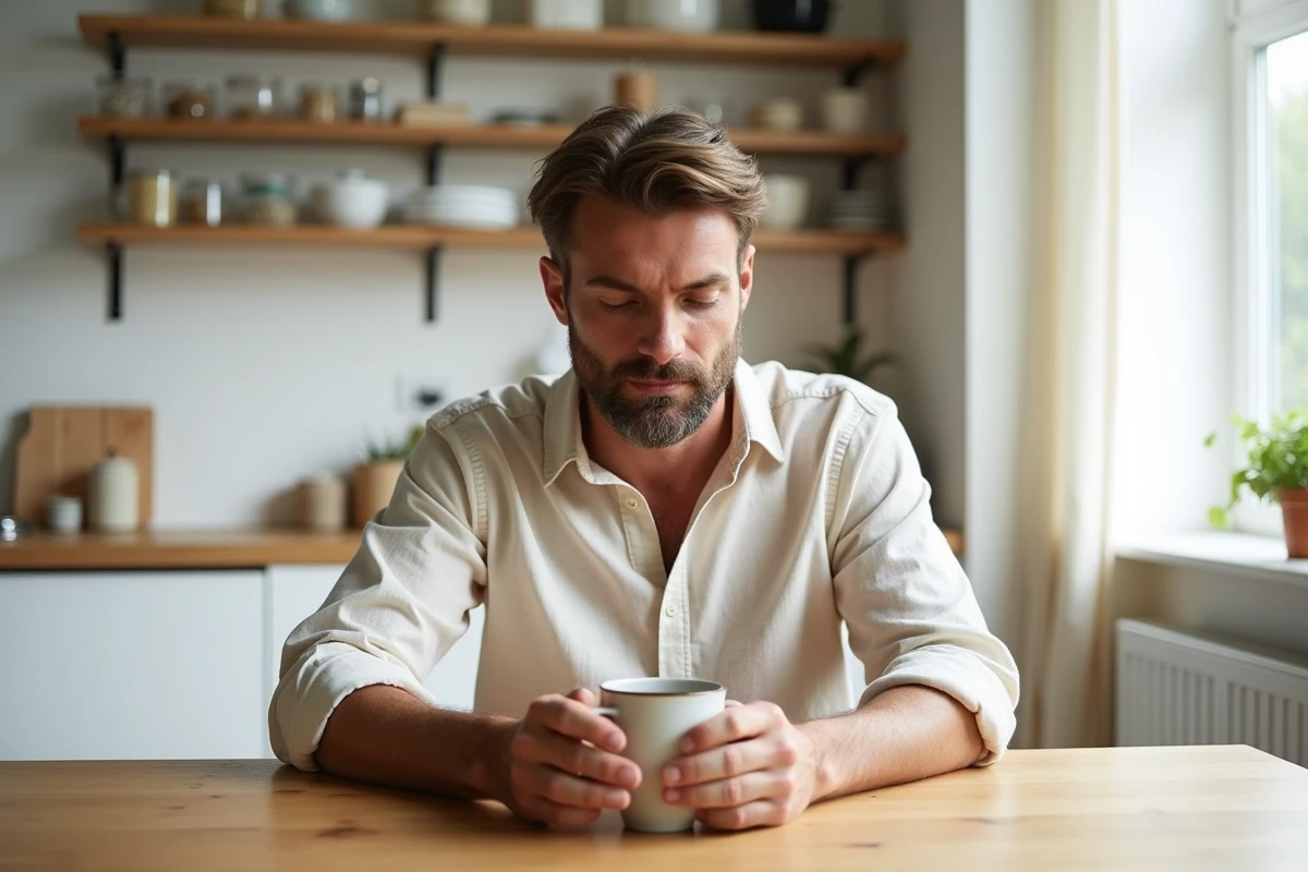 Homme détendu savourant une tisane dans une cuisine nordique minimaliste pour retrouver l'équilibre et la sérénité