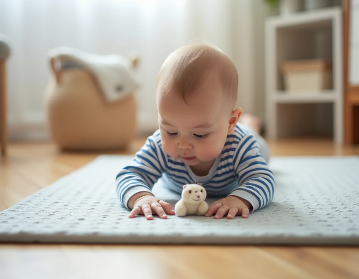 Bébé de 8 mois en position sur le ventre pendant le tummy time, renforçant ses muscles du dos et du cou avec un jouet en peluche devant lui